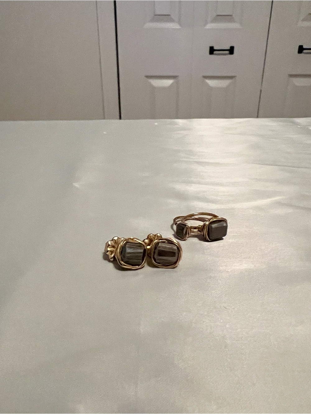 14K- Gold filled Wire Wrapped Rings and Stud Earrings with Pyrite Stones Set